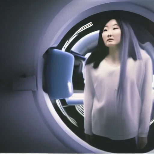 Image similar to a korean woman with long black hair and grey / black futuristic metallic clothing floating in zero - gravity in a spaceship with a white and blue futuristic interior. orange lighting, kodak film grain, expired film