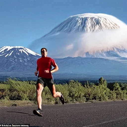 Image similar to a man in the foreground running with a terrified look on his face glancing behind him with mt st helens erupting behind him and ash is headed towards him