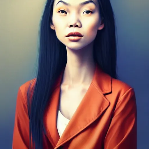 Image similar to beautiful portrait of a hopeless, worthless, lonely, vietnamese, ( waitress ) girl, stunning, intelligent, fashionable, vivid!!, sharp, crisp, colorful!!, ultra ambient occlusion, reflective, universal shadowing, fantasy art, extremely even lighting, art by wlop, dr seuss!!, ilya