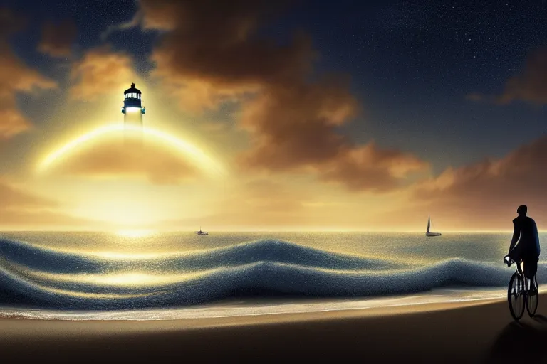 Image similar to photo of man riding a bicycle along the beach, glowing underwater waves toward a lighthouse in the distance guiding his way, silhouette, wide horizon, large white clouds, night, intricate, elegant, highly detailed, digital painting, artstation, concept art, smooth, sharp focus, illustration, art by artgerm and greg rutkowski and fra angelico