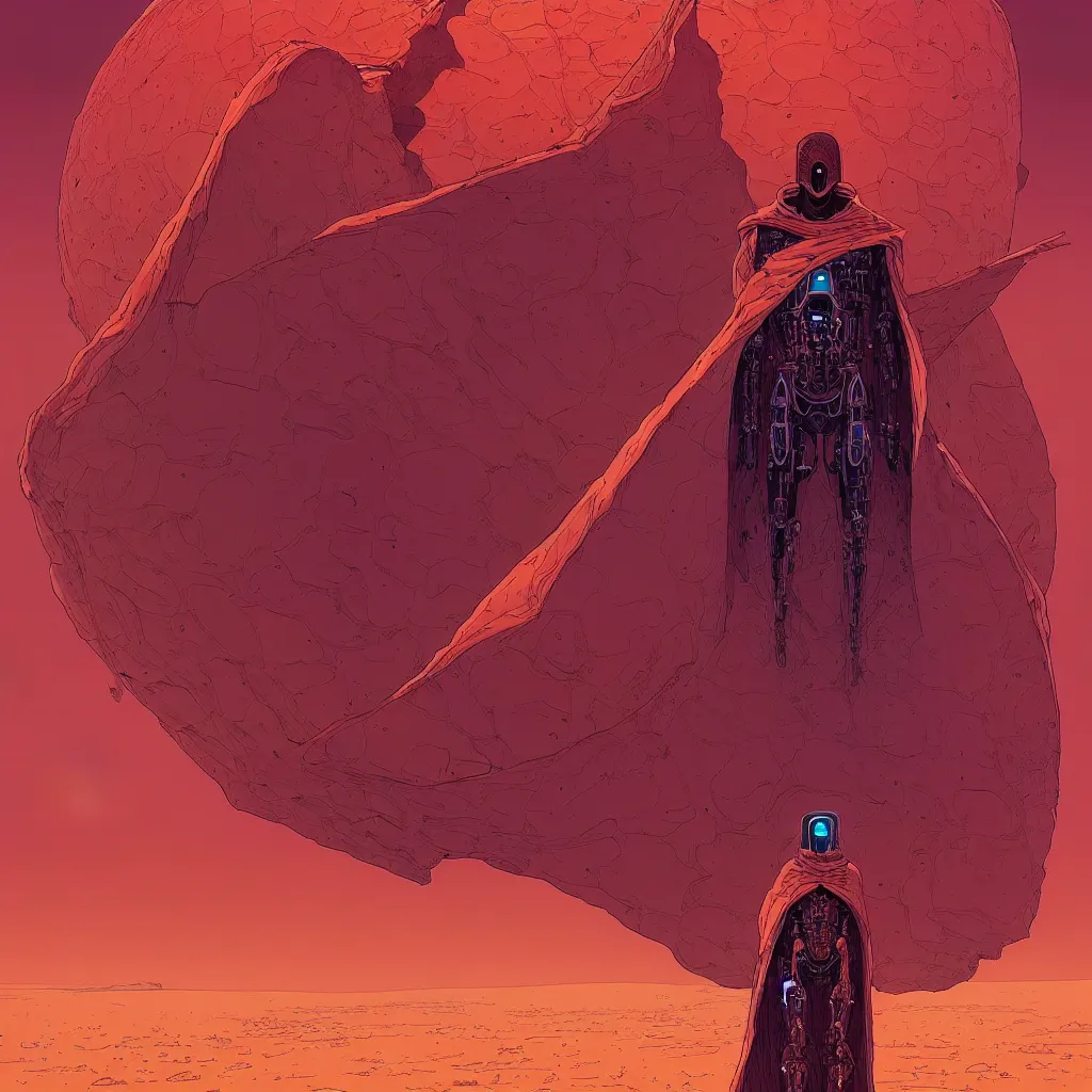 Prompt: a cyborg dressed in a large cloak walking through a dangerous desert made, close up, in the center, centered, intrincate by moebius, jean giraud & kilian eng moebius style