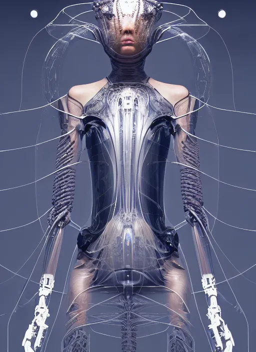 Image similar to background space station, dark inflateble dress iris van herpen positing on floor, elegant helmet instead of a head, perfect symmetrical, full body shot, inflateble shapes, wires, tubes, veins, jellyfish, white biomechanical details, wearing epic bionic implants, masterpiece, intricate, biopunk, vogue, highly detailed, artstation, concept art