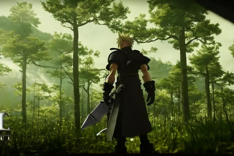 Image similar to game trailer of a final fantasy 7 for playstation by studio ghibli, sharp, final fantasy seven trailer still, steampunk forest, landscape, cinematic lighting, ray tracing, unreal engine 5, photorealistic