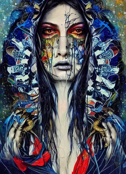 Image similar to gorgeous magic cult psychic woman, fashion model, awakening consciousness psychedelic, epic surrealism expressionism symbolism, story telling, iconic, dark robed, oil painting, symmetrical face, dark myth mythos, by Sandra Chevrier, Noriyoshi Ohrai masterpiece