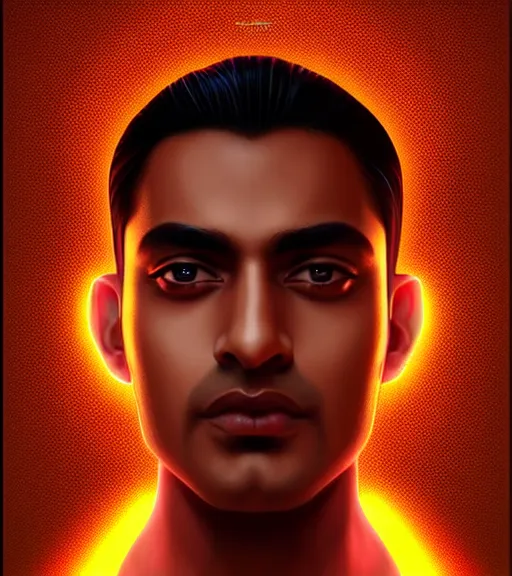 Image similar to symmetry!! indian prince of technology, solid cube of light, hard edges, product render retro - futuristic poster scifi, lasers and neon circuits, brown skin handsome indian prince, intricate, elegant, highly detailed, digital painting, artstation, concept art, smooth, sharp focus, illustration, dreamlike, art by artgerm