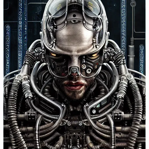 Image similar to ultra realist intricate detailed painting of a single rugged cyborg male, bearded face and cyborg tech on body, symmetry accurate features, cyberpunk, industrial, apocalyptic, very intricate details, focus, high resolution, 4 k, artstyle h. r. giger and hiraku tanaka, award winning