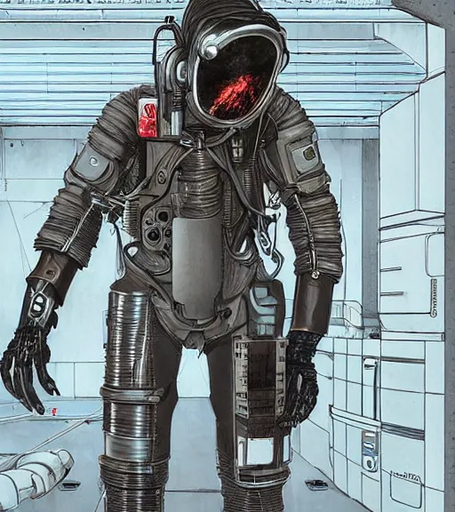 Image similar to realistic cyberpunk japanese engineer with long limbs and a black spacesuit welding a wall, techwear, dead space, visible face, Industrial Scifi, detailed illustration, character portrait, by Martin Grip and Moebius