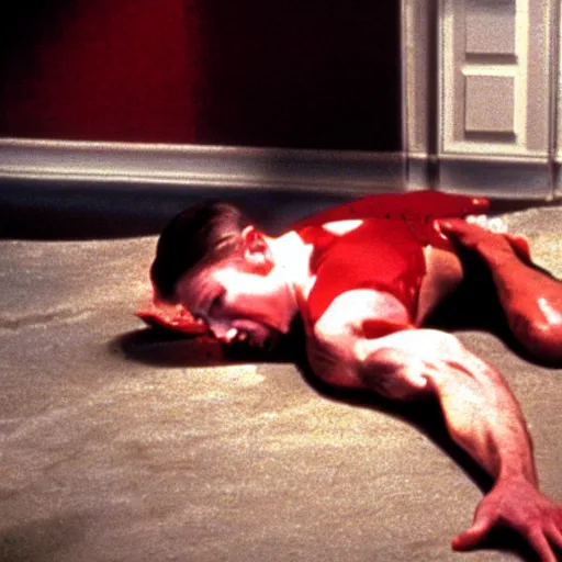 Image similar to Donald Trump laying dead on the floor in American Psycho (1999)