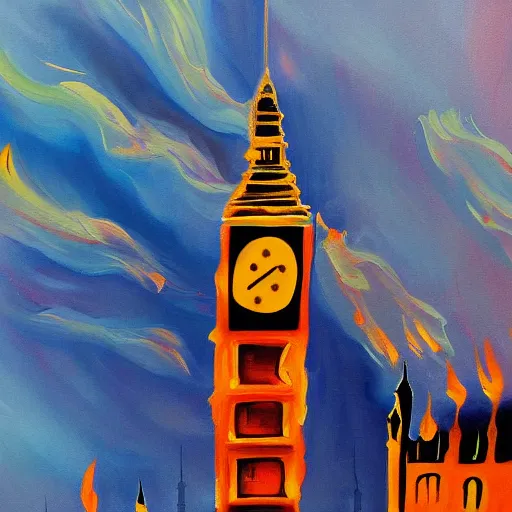 Image similar to detailed, soft, dynamic painting of the Big Ben in flames, burning, arson, professional painting, at dusk