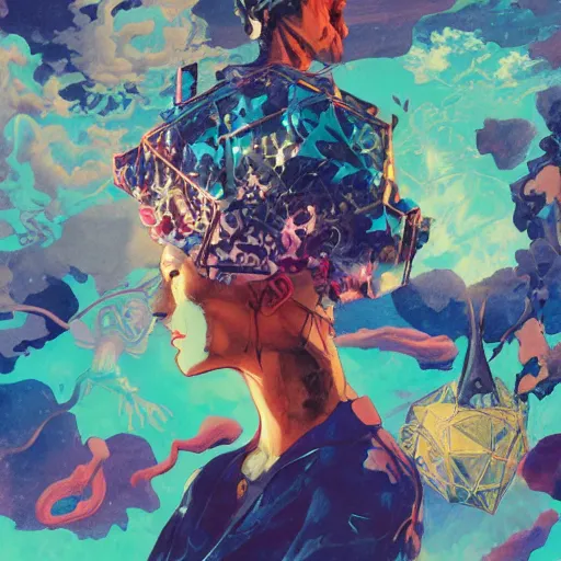 Image similar to surreal gouache painting, by yoshitaka amano, by ruan jia, by conrad roset, by kilian eng, by good smile company, incredibly detailed, of floating molecules and a mannequin artist holding an icosahedron with stars, clouds, and rainbows in the background, cgsociety, retrowave, modular patterned mechanical costume headpiece