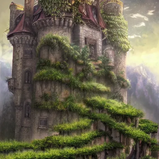 Prompt: a castle on a tall mountain above the clouds that have a lot of plants and vines on it which makes it look old, digital art, fantasy, beautiful, day, detailed