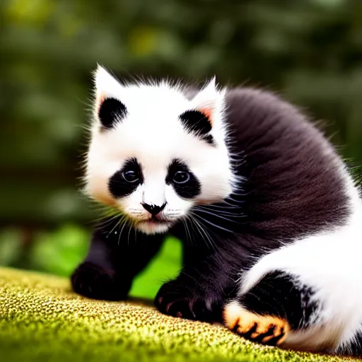 Prompt: cute kitten with cat body and panda face, eats bambus, highly detailed, sharp focus, photo taken by nikon, 4 k