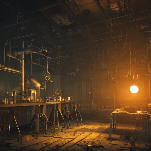 Image similar to of a industrial environmnet, alchemist's laboratory, sun roof with the moonlight lighting the room, messy tabletops, cages hanging from the ceilling with octopuses on them, mad scientist, frankenstein vibes, octane render, realistic, volumetric lighting, 4 k, 1 6 mm lens, f 2. 8, cinematic framing