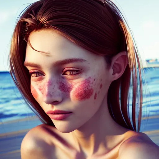 Prompt: portrait of a cute thin young woman, red blush, cute freckles, small smile, modern clothes, relaxing on the beach, serene beach setting, close up shot, 8 k, art by irakli nadar, hyperrealism, hyperdetailed, ultra realistic
