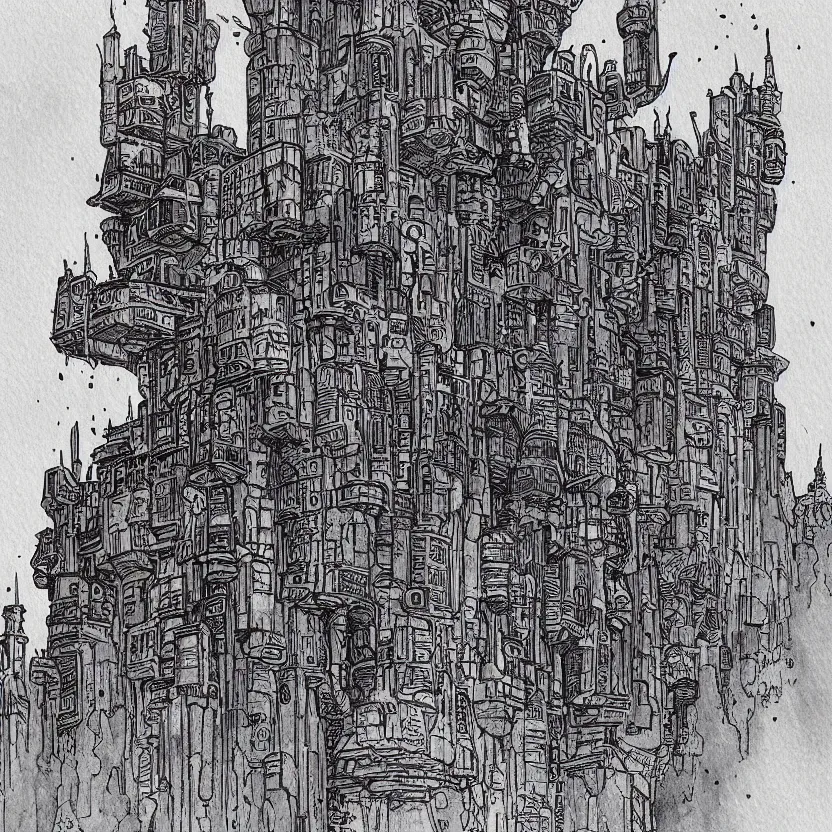 Image similar to a watercolor ink painting of a cyberpunk castle in the style of jean giraud in the style of moebius trending on artstation deviantart pinterest detailed realistic hd 8 k high resolution