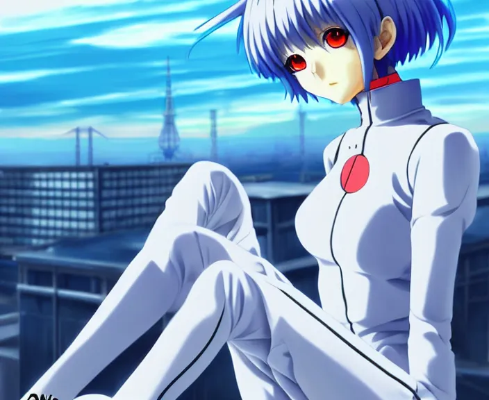 Image similar to anime art, fullbody shot of female rei ayanami, evangelion, long blue hair and large eyes, finely detailed perfect face, in a pale skintight plugsuit, sitting on rooftop, flooded city, trending on pixiv fanbox, by ilya kuvshinov, sola digital arts,, raytracing