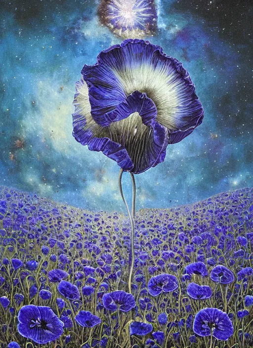 Image similar to detailed, intricate blue black and purple papaverum flower on the field, nebula, galaxy in the sky, winning award masterpiece, fantastically beautiful, illustration, aestheticly inspired, jacek yerka, upscale with anguissola sofonisba work, artstation, 8 k