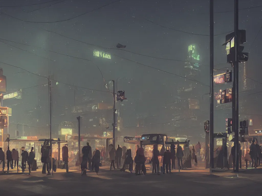 Prompt: few people waiting in a bus stop in dark city night, Low level, rendered by Beeple, Makoto Shinkai, syd meade, simon stålenhag, environment concept, synthwave style, digital art, unreal engine, WLOP, trending on artstation, 4K UHD image, octane render