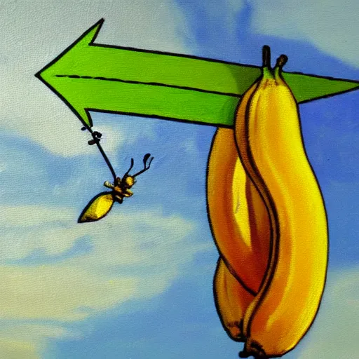 Image similar to oil painting impressionist stopwatch and banana in the shape of an arrow flying through the air, ( bugs buzzing around ), whimsical, detailed,