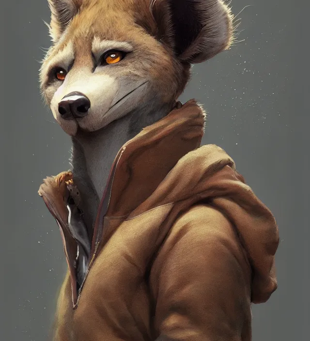 Prompt: a beautiful portrait of a handsome male anthropomorph brown hyena furry fursona wearing a hoodie. character design by cory loftis, fenghua zhong, ryohei hase, ismail inceoglu and ruan jia. artstation, volumetric light, detailed, photorealistic, rendered in octane