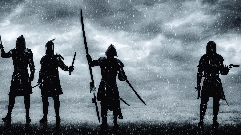 Prompt: two warriors holding swords standing looking up at a villain silhouette thunder lighting storm heavy rain dark clouds