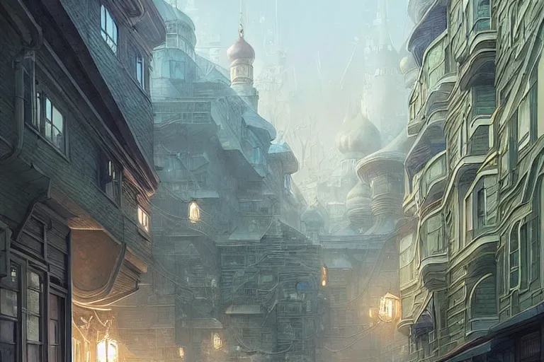 Image similar to It’s dreamy on the streets of Russian panel houses quarters on the Moon city, Norilsk, sci-fi, fantasy, intricate, very very beautiful, elegant, highly detailed composition, digital painting, artstation, concept art, smooth, sharp focus, illustration, art by artgerm and greg rutkowski and alphonse mucha