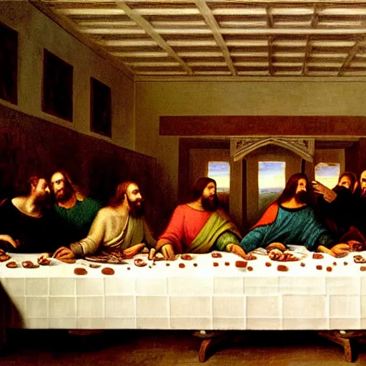 Image similar to nic cage in the last supper as painted by da vinci