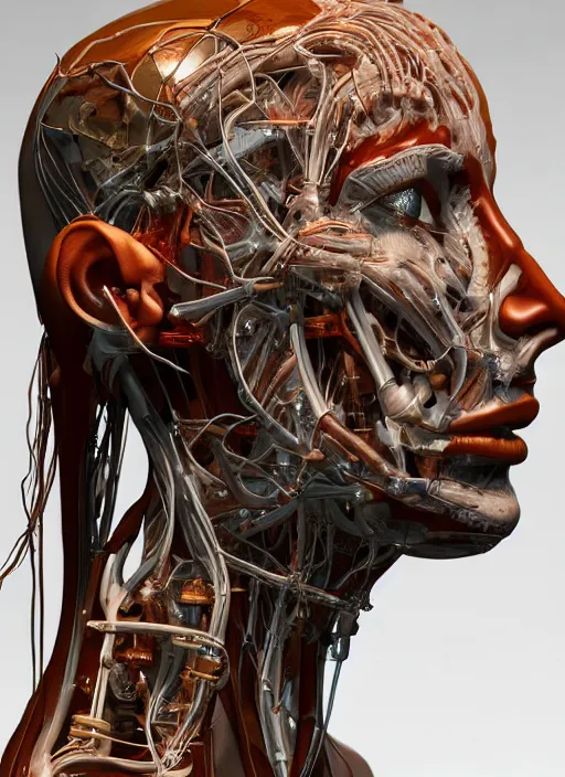 Image similar to an orthographic bust sculpture of anatomical female detailed cyborg, veins, mechanical parts, studio lighting by Wes Anderson