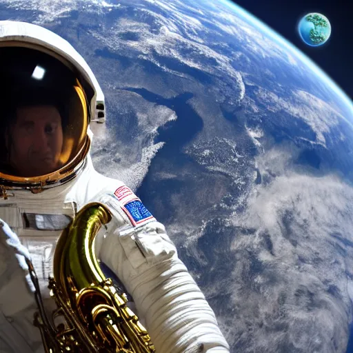 Image similar to high res astronaut doing jazz saxophone improvisation with the earth in the background, 4k photography