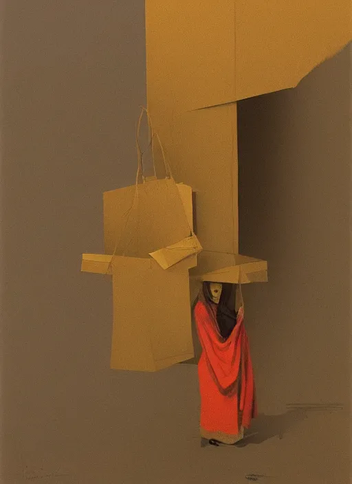 Prompt: paper women in paper bag over the head and a sward Edward Hopper and James Gilleard, Zdzislaw Beksinski, highly detailed