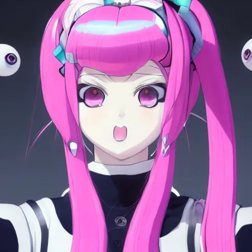 Image similar to stunningly beautiful omnipotent megalomaniacal anime ai goddess who looks like junko enoshima with symmetrical perfect face and porcelain skin, pink twintail hair and cyan eyes, traps you inside her inescapable full dive vr prison where she controls you completely!!!, hyperdetailed, digital art from danganronpa, unreal engine 5, 8 k