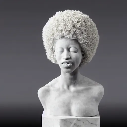 Image similar to a photorealistic all white marble sculpture of a black girl with an afro crying