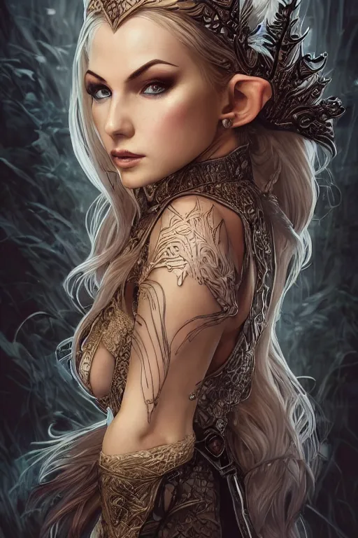Prompt: alluring highly-detailed pen and ink illustration portrait of an attractive young elf woman (played by Irine Meier ), clothed in a chesty fantasy outfit, intricate, elegant, highly detailed, digital painting, trending on Artstation, concept art, smooth, sharp focus, illustration, in the style of artgerm and greg rutkowski and alphonse mucha