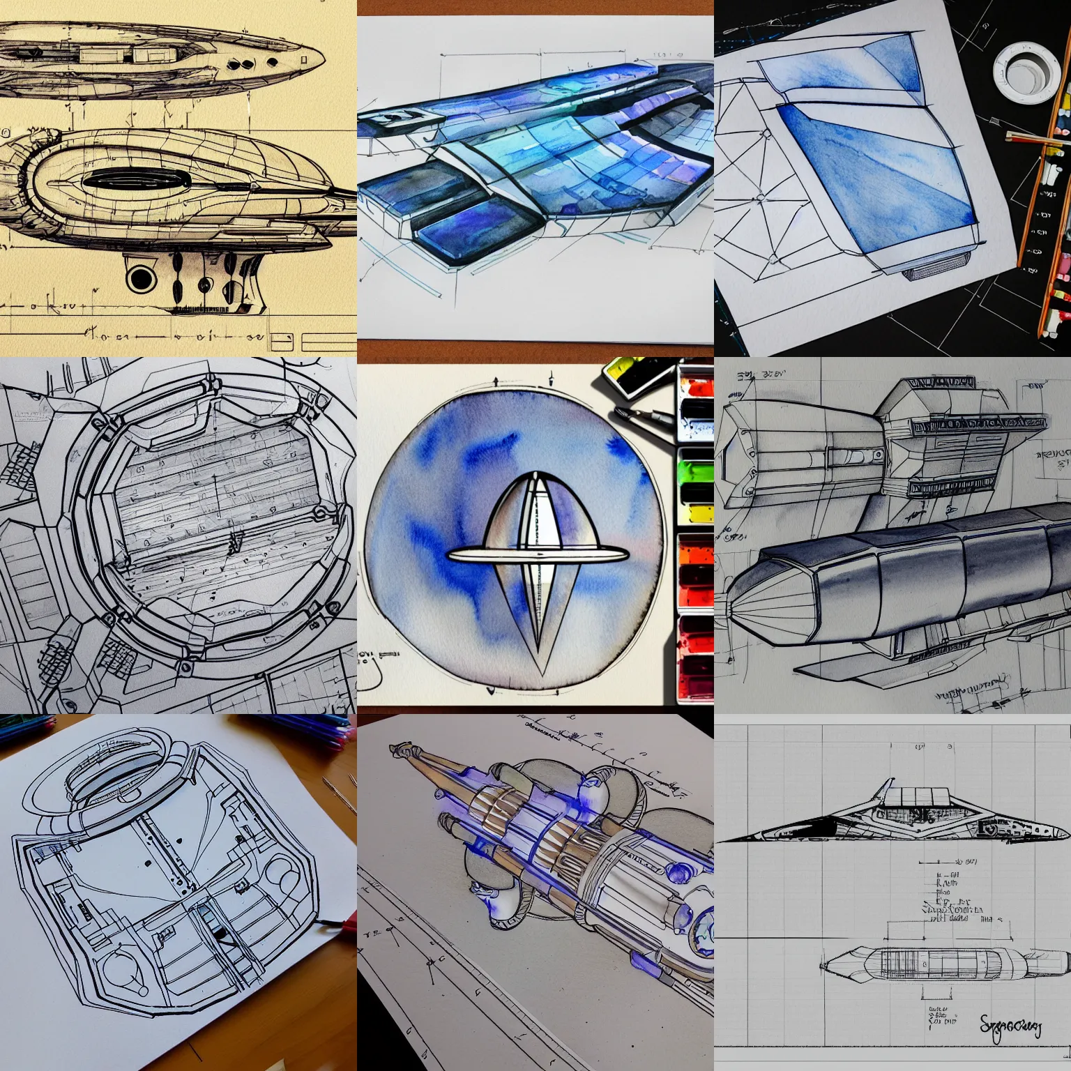 Prompt: technical drawing of a spaceship watercolor lining HD