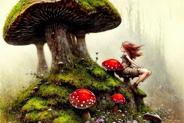 Image similar to adventurer ( ( ( ( ( 1 9 5 0 s retro future forrest of giant mushrooms, moss and flowers stone bridge. muted colors. ) ) ) ) ) by jean baptiste monge!!!!!!!!!!!!!!!!!!!!!!!!! chrome red