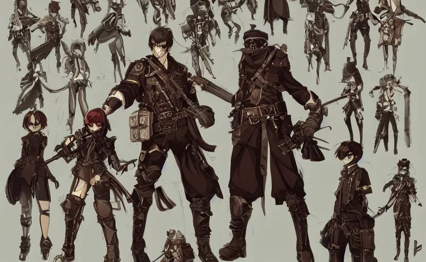 Image similar to roster concept drawing for a steampunk fantasy tactical rpg, anime realism style, characters and weapons, artwork by ilya kuvshinov