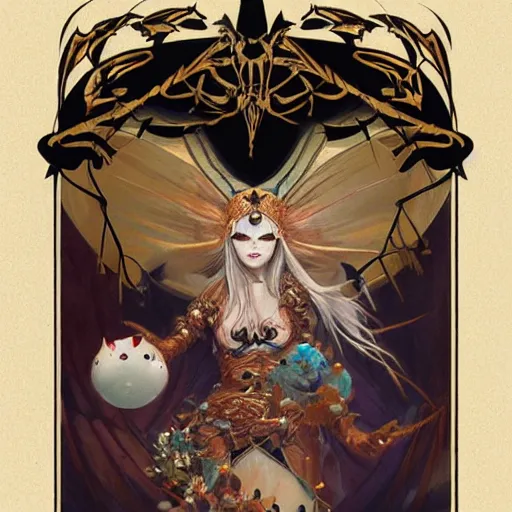 Image similar to Death tarot card design portraying Hello Grim Kitty, D&D, MtG art,fantasy, intricate, elegant, highly detailed, digital painting, artstation, concept art, smooth, sharp focus, hyperrealistic,illustration, art by artgerm and greg rutkowski and alphonse mucha