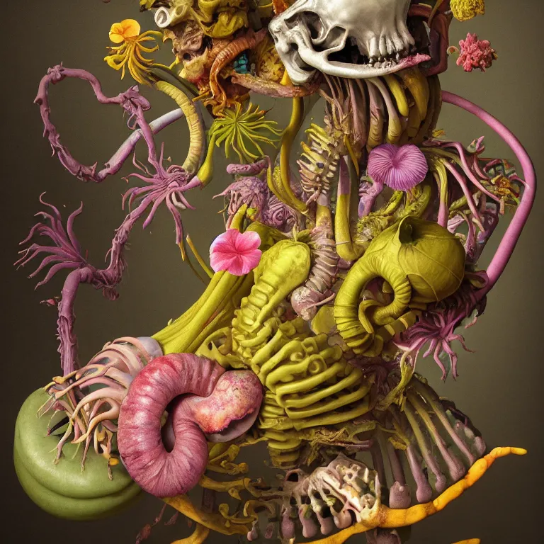 Image similar to still life of surreal alien pastel tropical flowers, rotten moldy colorful mold, dripping pastel paint, surreal alien ribbed tropical fruit, white human spine, ribs, muscle tissues, baroque painting, beautiful detailed intricate insanely detailed octane render, 8K artistic photography, photorealistic, chiaroscuro, Raphael, Caravaggio