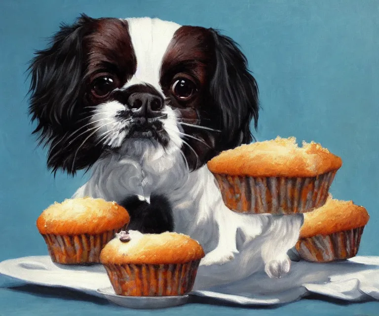 Image similar to white and black japanese chin dog eating cherry muffins, oil painting