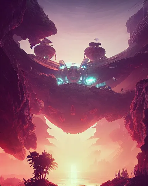 Image similar to alien temple, beautiful landscape, nier automata, protoss!!!!, machine planet, mothership in the sky, pink sun, tropical forest, colorful light, advanced technology, cinematic lighting, highly detailed, masterpiece, art by bastien grivet and darwin cellis and jan urschel