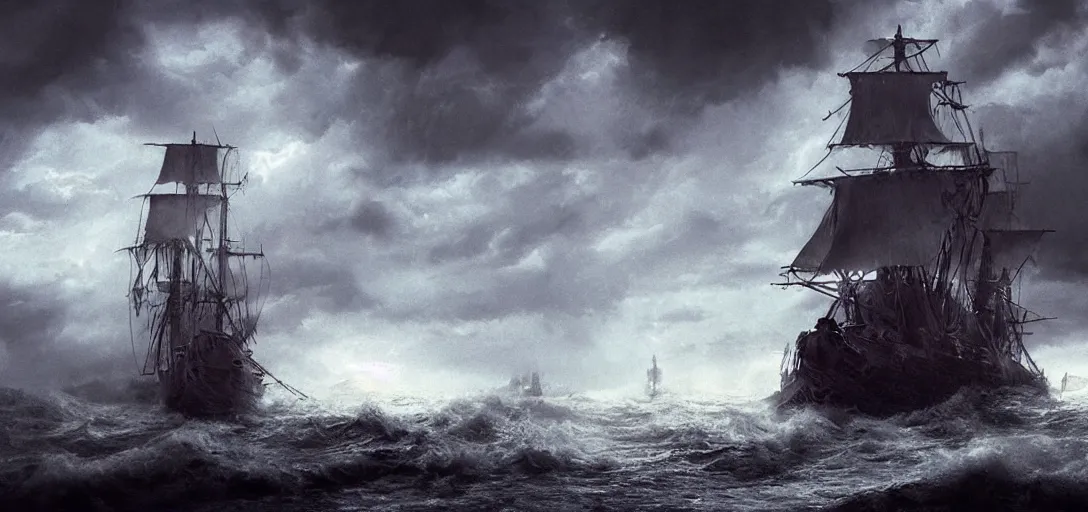 Image similar to wild ocean storm at night, old wooden pirate ship appearing from fog, dramatic lighting, cinematic, establishing shot, extremly high detail, foto realistic, pirates of the carribean, cinematic lighting, post processed, concept art, artstation, matte painting, style by eddie mendoza, raphael lacoste, alex ross