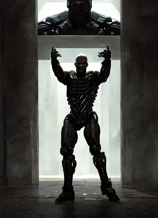 Image similar to jamie foxx as victor stone, full body concept, cyborg, borg, strogg, face of a man, terminator, flesh, quake strogg, doom demon, wolfenstein, monstrous, powerful, symmetry, symmetrical, concept art by ruan jia and greg rutkowski