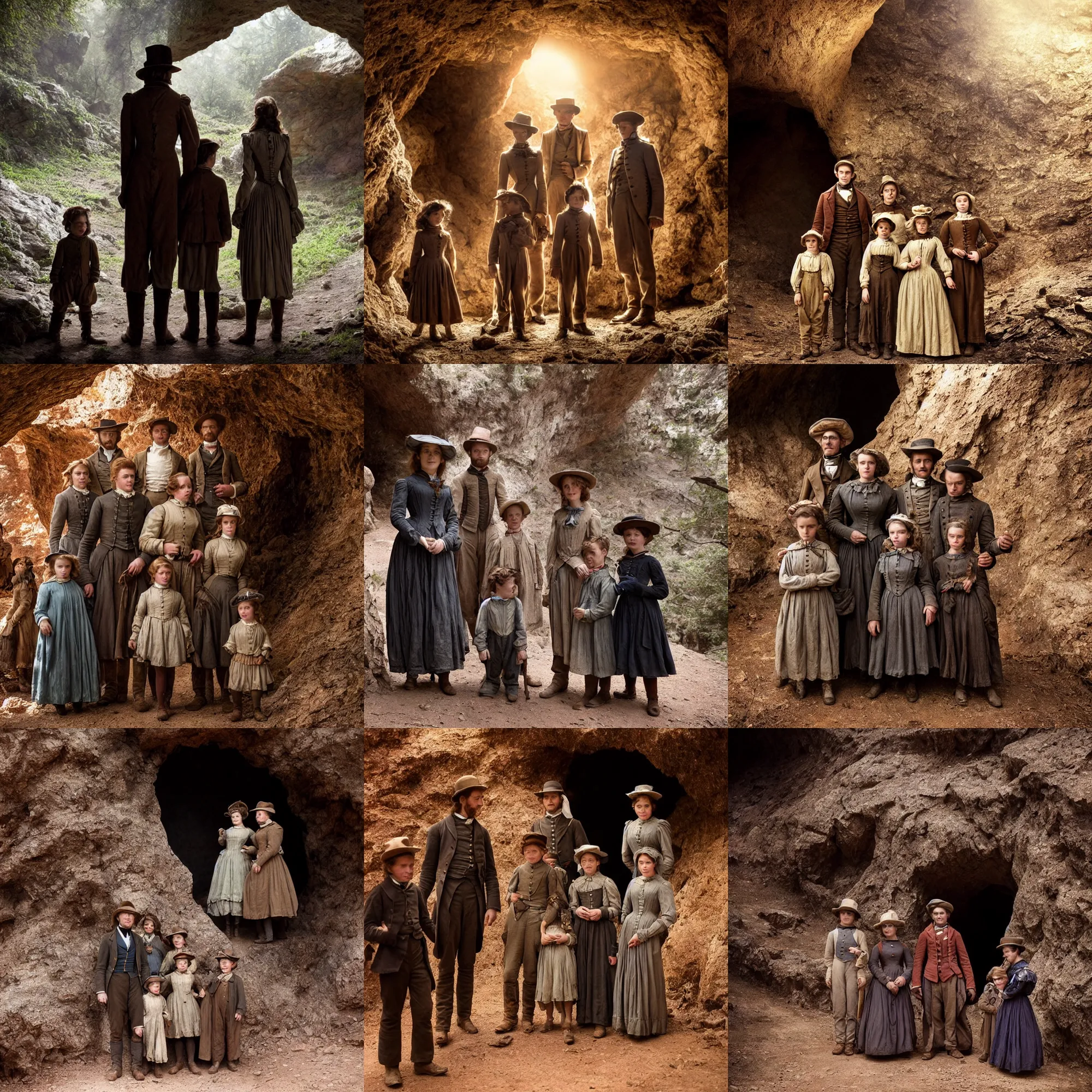 Prompt: sharp, highly detailed, film from sci fi 8 k color movie, set in 1 8 6 0, family standing outside a cave on a strange alien planet, looking happy, wearing 1 8 5 0 s era clothes, atmospheric lighting, in focus, reflective eyes, 3 5 mm macro lens, live action, nice composition, good photography
