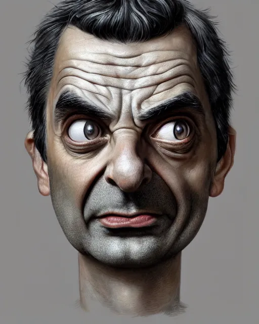 Image similar to mr. bean, hyper realistic face, beautiful eyes, fantasy art, in the style of greg rutkowski, intricate, hyper detailed, smooth