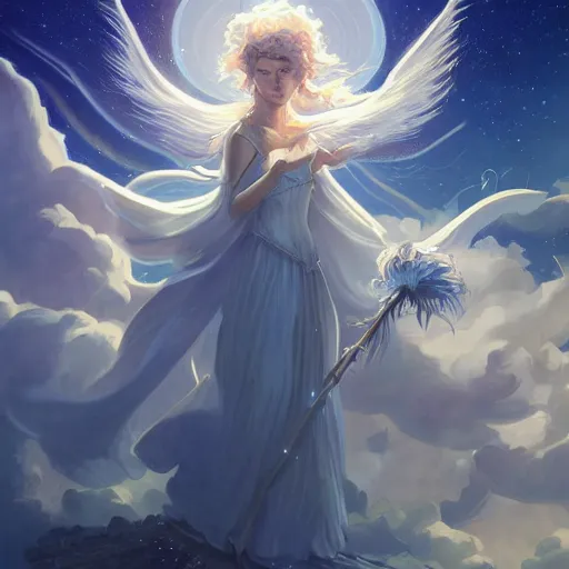 Image similar to The conceptual art features a woman with wings made of stars, surrounded by a blue and white night sky. The woman is holding a staff in one hand, and a star in the other. She is wearing a billowing white dress, and her hair is blowing in the wind. by Andreas Rocha random