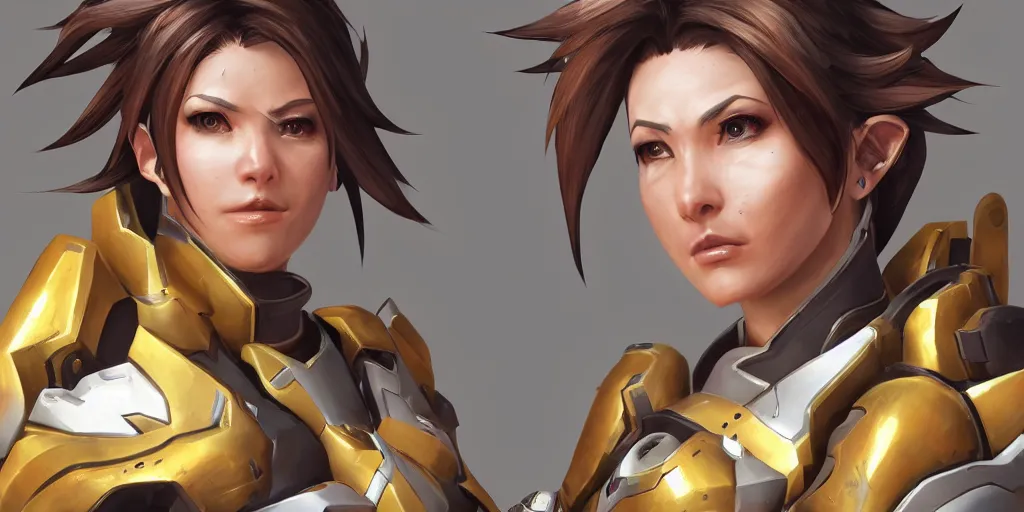 Prompt: a hyper realistic image of a female warrior wearing overwatch armor, tracer, mercy from overwatch, concept art, concept armor, artstation