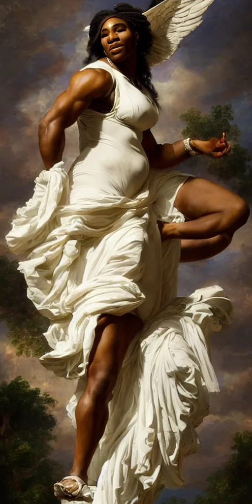 Image similar to Portrait of Serena Williams as Nike Goddess, large wings, luxuriant, dreamy, eternity, romantic, strong pose, highly detailed, in the style of Franz Xaver Winterhalter, highly detailed, in the style of Aetherpunk