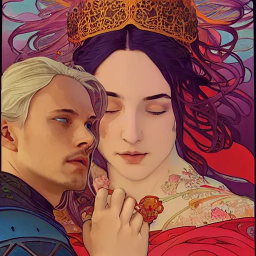 Image similar to lyanna stark and rhaegar targaryen bright colorful, zen, minimalist, sunny environment, highly detailed, realistic, up close shot shinji aramaki, karol bak, alphonse mucha