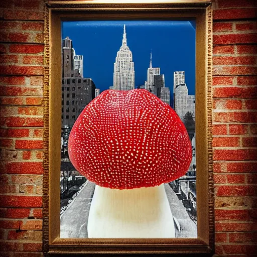 Prompt: a giant amanita muscaria in the mew York skyline, photorealistic