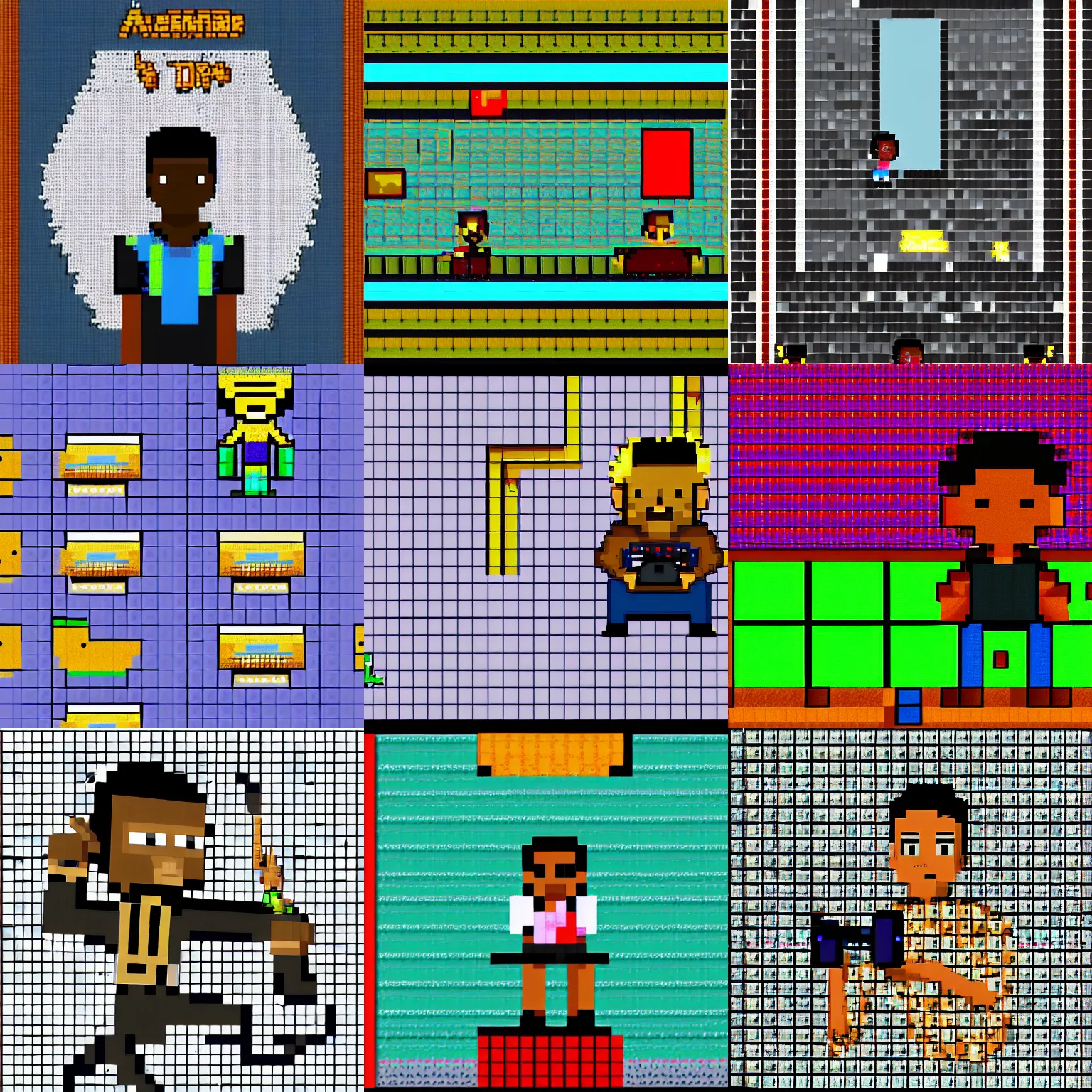 Prompt: a black boy [ { 9 playing video - game in your room!!! ] } ), absurdly, pixel art style